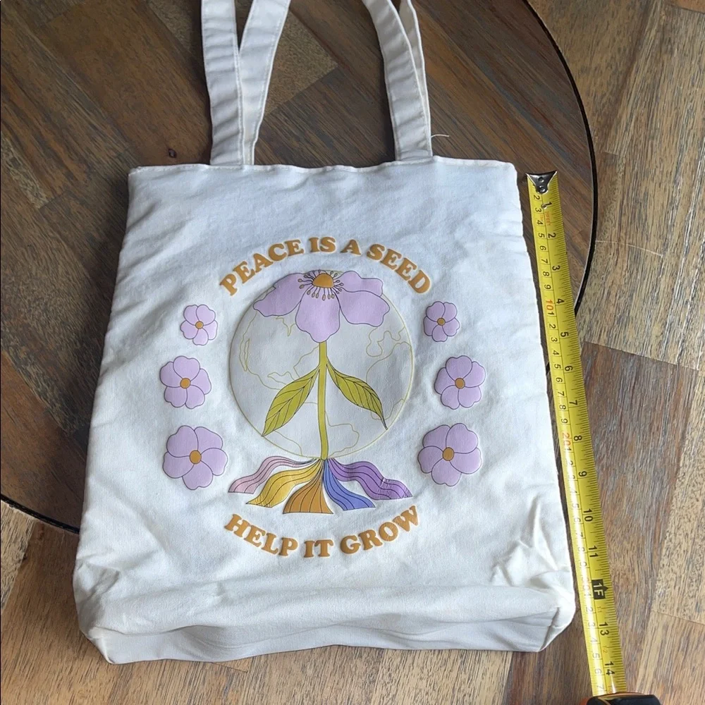 Peace Is A Seed Help It Grow Floral Tote Bag White Purple Girls Kids